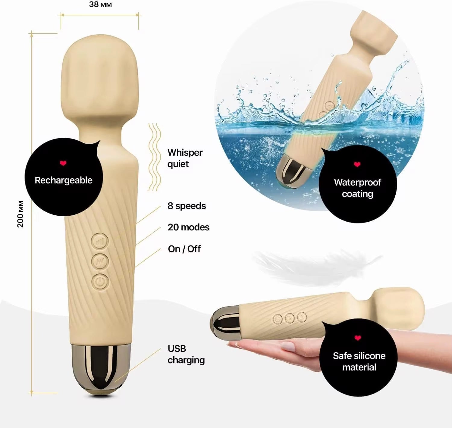 Vibromasseur Wand Rechargeable – 8 Vitesses, 20 Modes, Silicone Premium Étanche